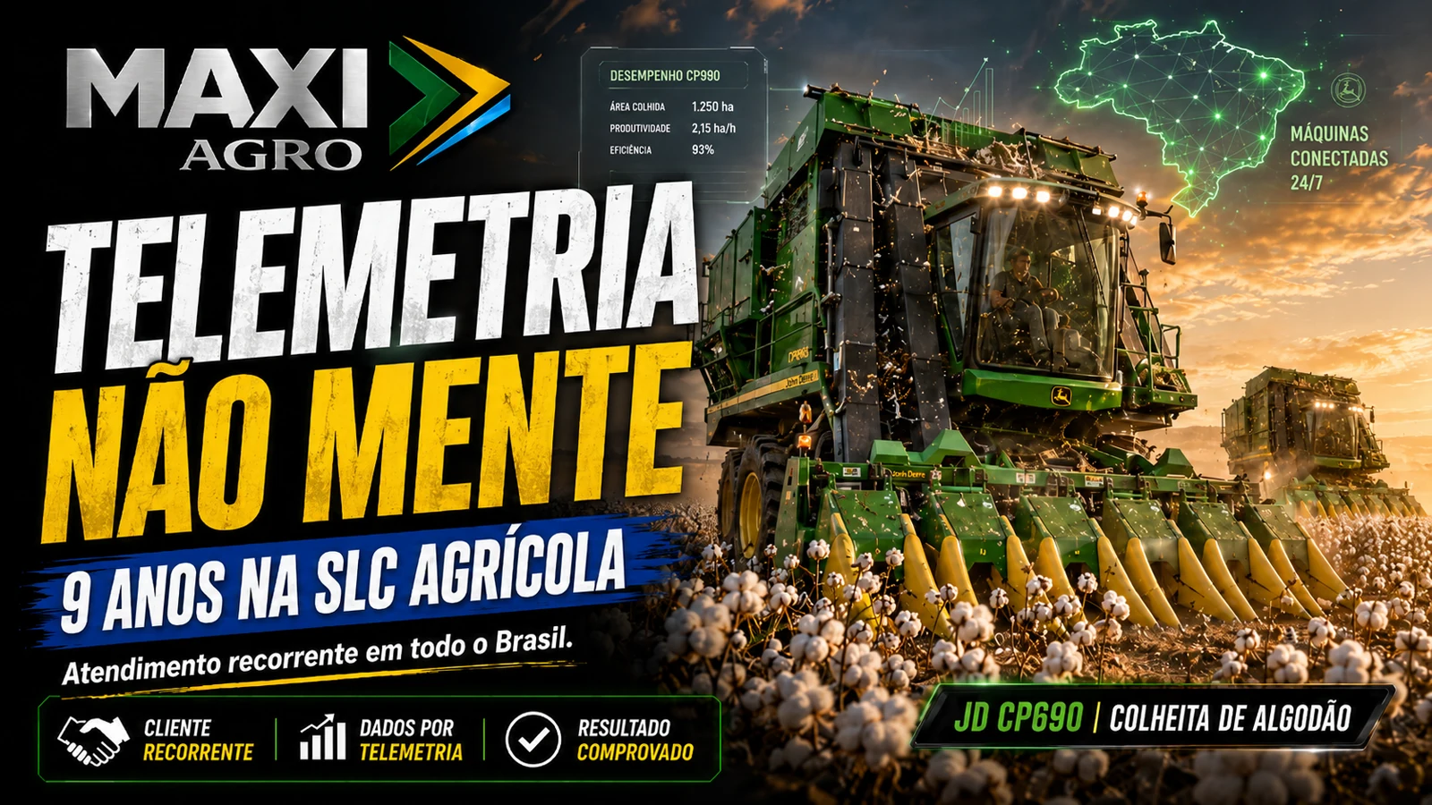 John Deere Cotton 7700 a pleno vapor na colheita após remap Maxi Agro