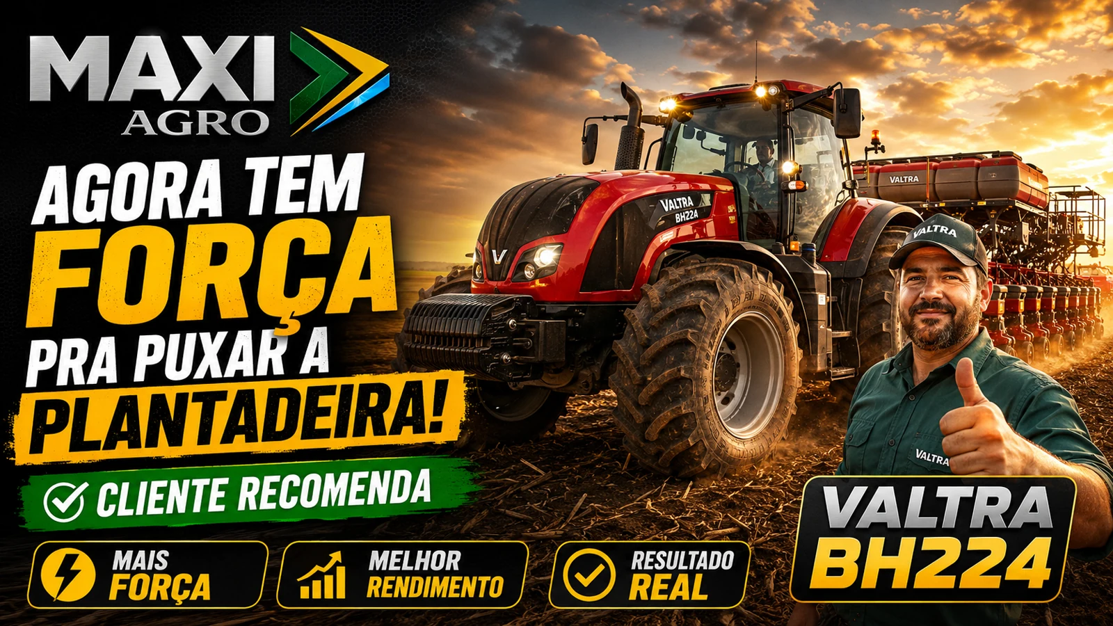 Valtra BH224 reprogramada pela Maxi Agro — o cliente recomenda